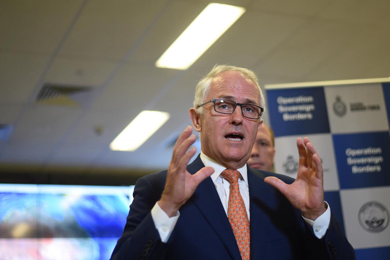 Australia’s Prime Minister Malcolm Turnbull speaks to the media after a tour of the Australian Maritime Border Command Centre in Canberra