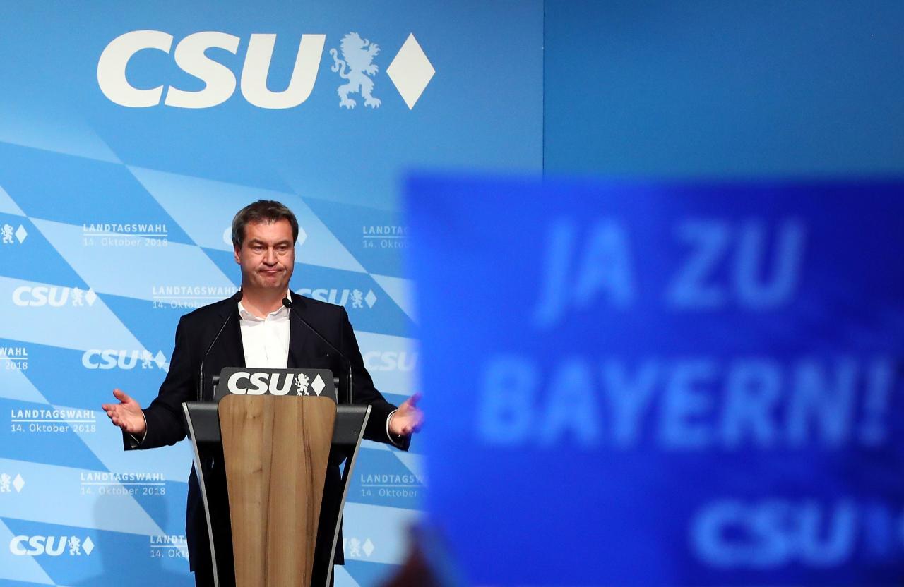 Bavarian State PM Soeder delivers a speech during a CSU election campaign rally in Munich