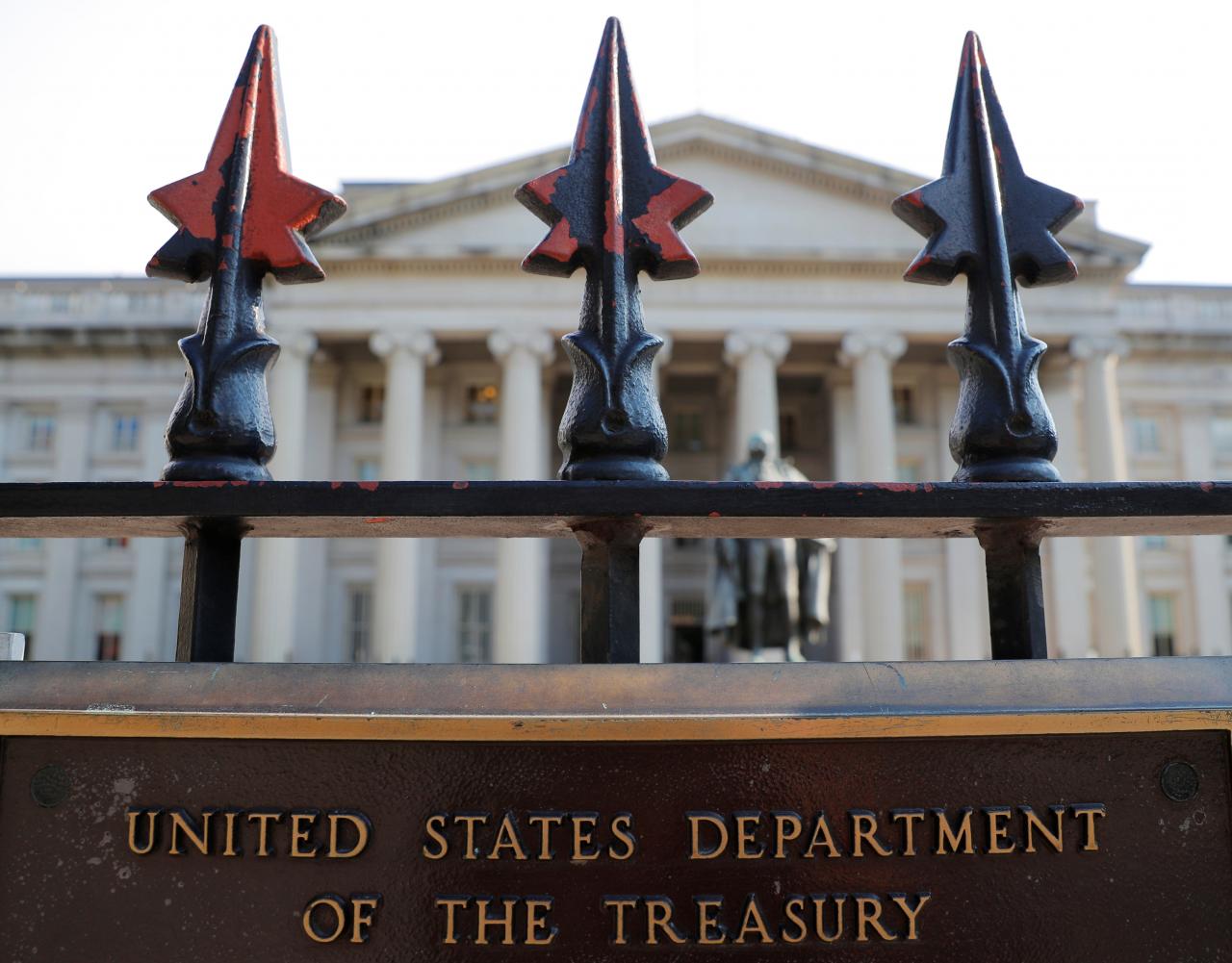 A sign marks the U.S Treasury Department in Washington